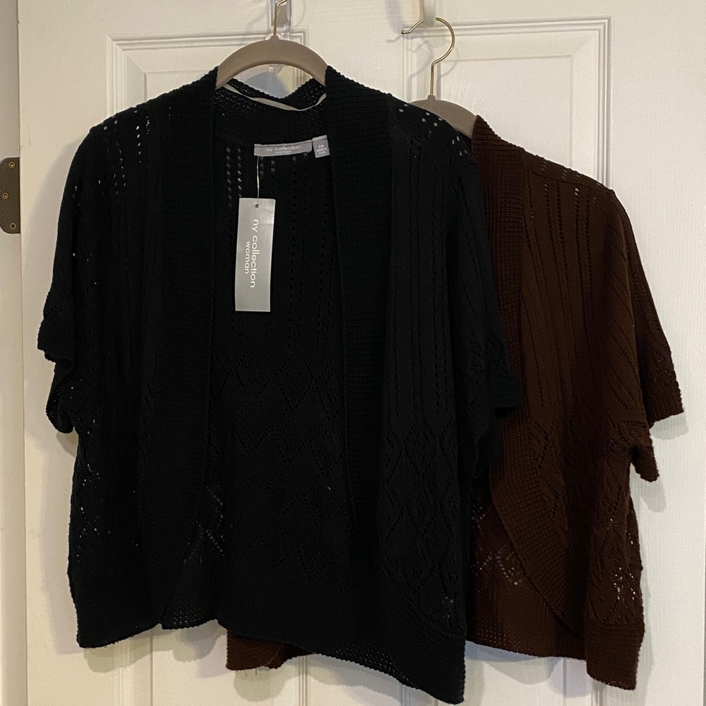 Short Open-Front Knit Cardigan Sweater - Black & Brown NY Collection Woman 2X